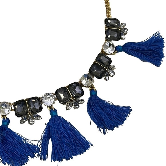 J Crew Statement Necklace Blue Tassels Rhinestones - Picture 4 of 8